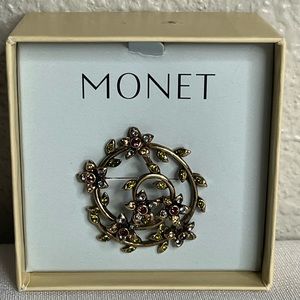 Monet Gold Tone Spiral Rhinestone Brooch Multi Color NIB